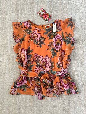 NWT Farm Rio Anthropologie Adonia Pintucked Floral Ruffle Blouse Top S Orange